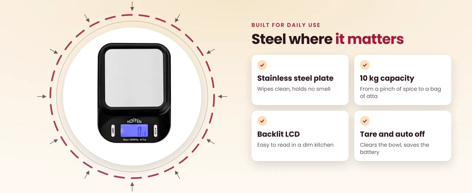 Multipurpose weighing scale features: stainless steel plate, 10 kg capacity, backlit LCD, tare and auto off