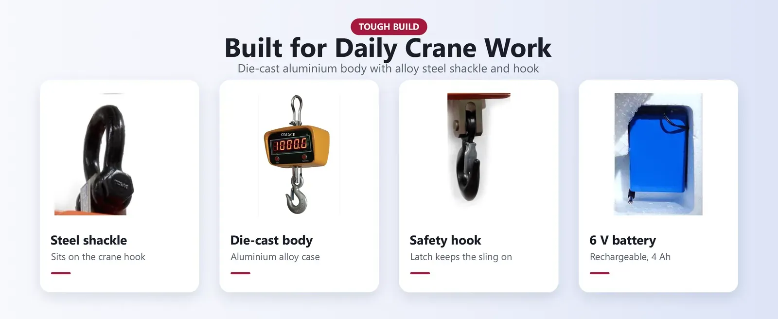Heavy duty crane scale build: die-cast aluminium body, alloy steel shackle, hook with safety latch and rechargeable battery