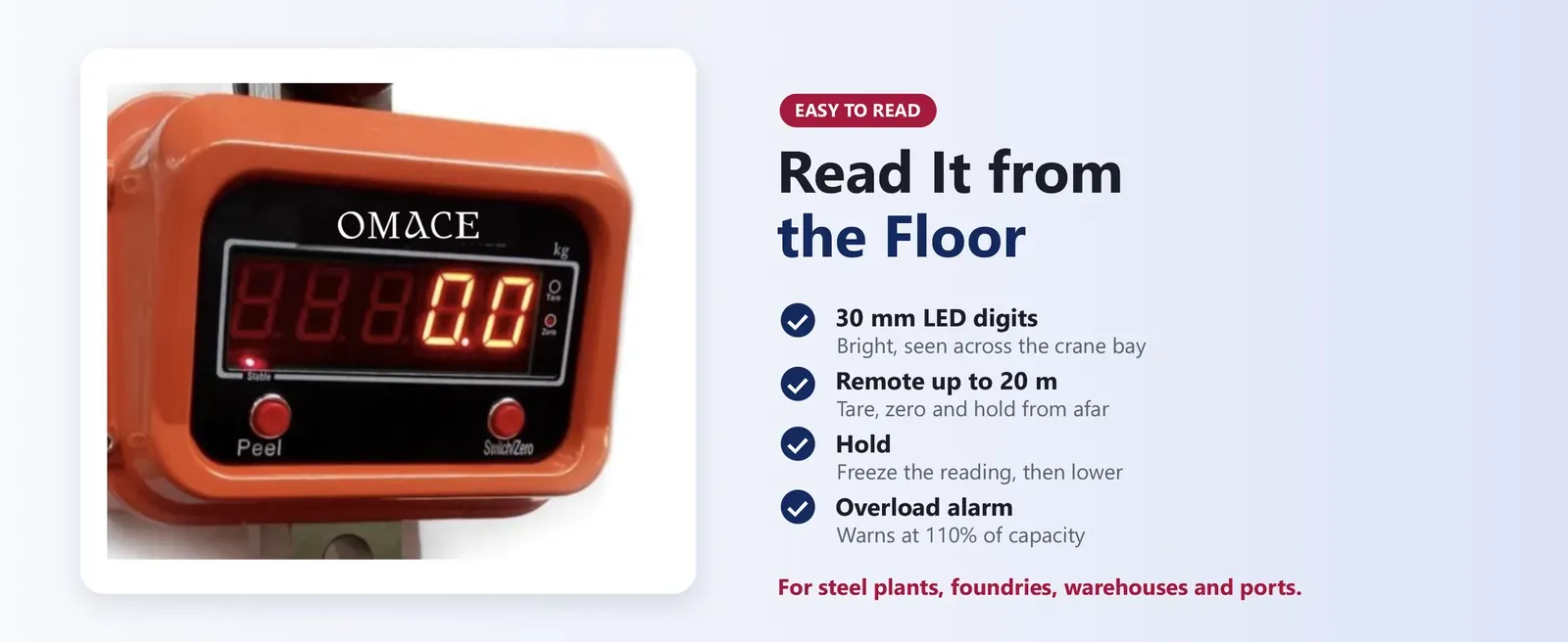 OCS crane scale display close-up: 30 mm LED digits, tare and zero keys, and the handheld remote for tare, zero and hold