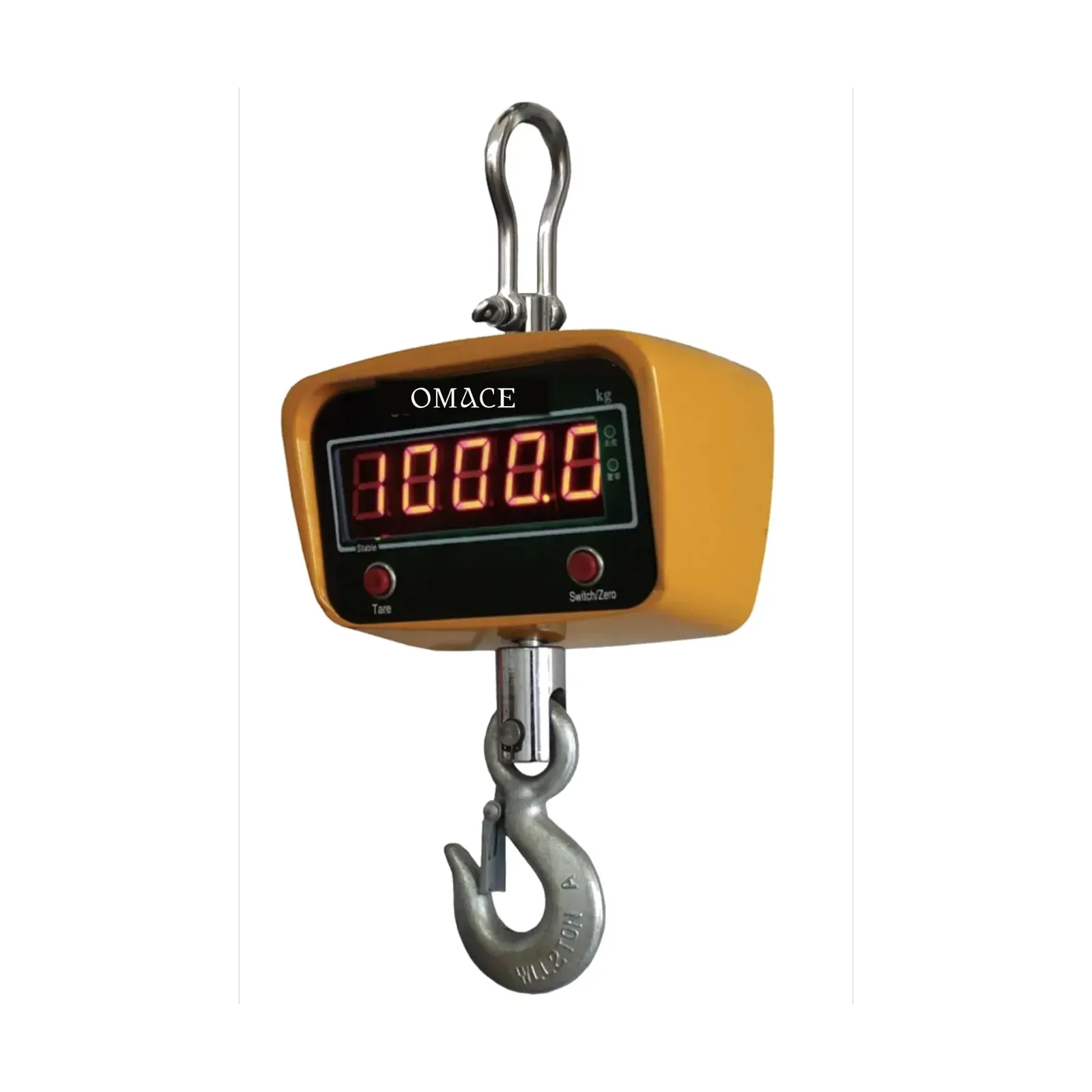 Omace OCS crane scale 1 ton, OM-CS-C-1000, front view with shackle and hook