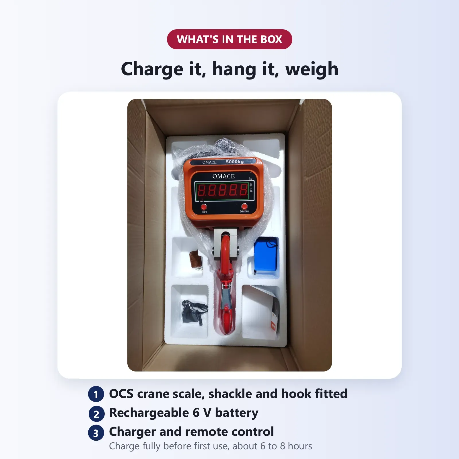 What's in the box: Omace OCS crane scale with shackle and hook, rechargeable battery, charger and remote control