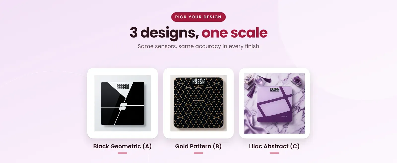 Venus EPS-279 patterned weighing scale in Black Geometric (A), Gold Pattern (B), Lilac Abstract (C)