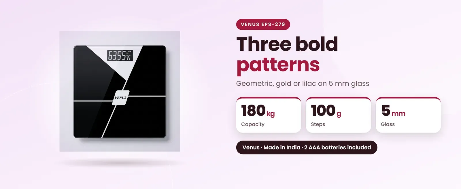 Venus EPS-279 patterned weighing scale: Geometric, gold or lilac on 5 mm glass