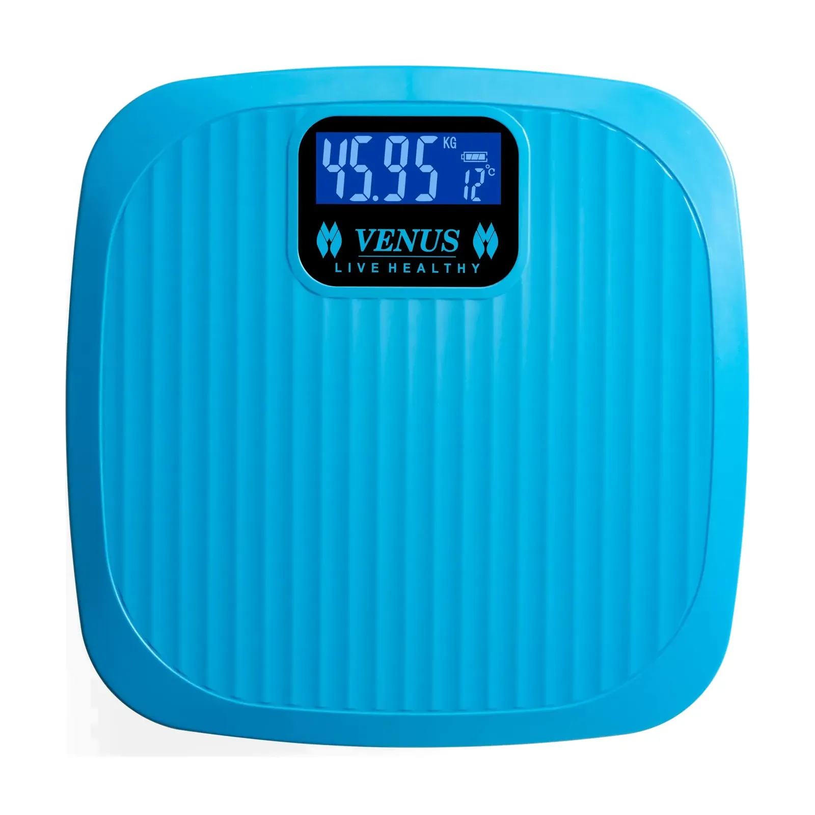 Venus EPS-9999 plastic weighing scale, blue, front view