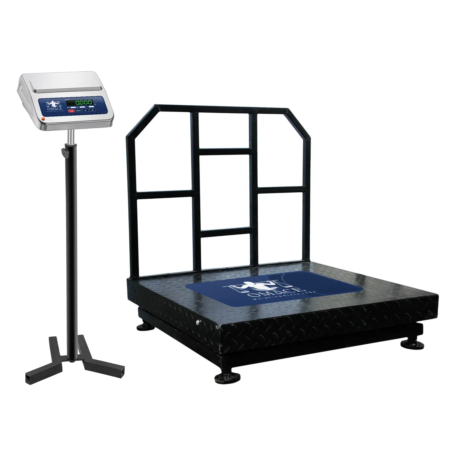 Omace Om-PS-MS 1000 kg platform kanta with a chequered mild steel platform, guard rail and the indicator on a floor stand