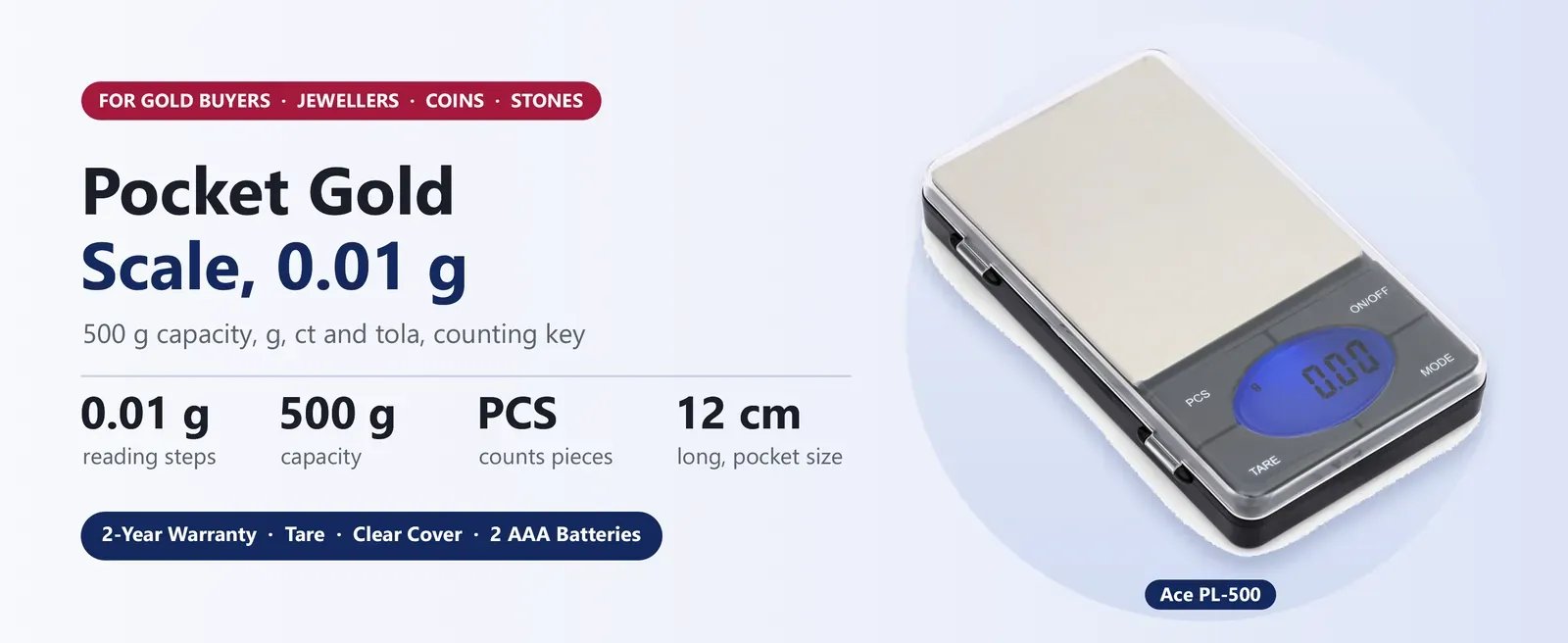 Ace PL-500 pocket gold scale, 500 g in 0.01 g steps, g, ct and tola, clear hinged cover