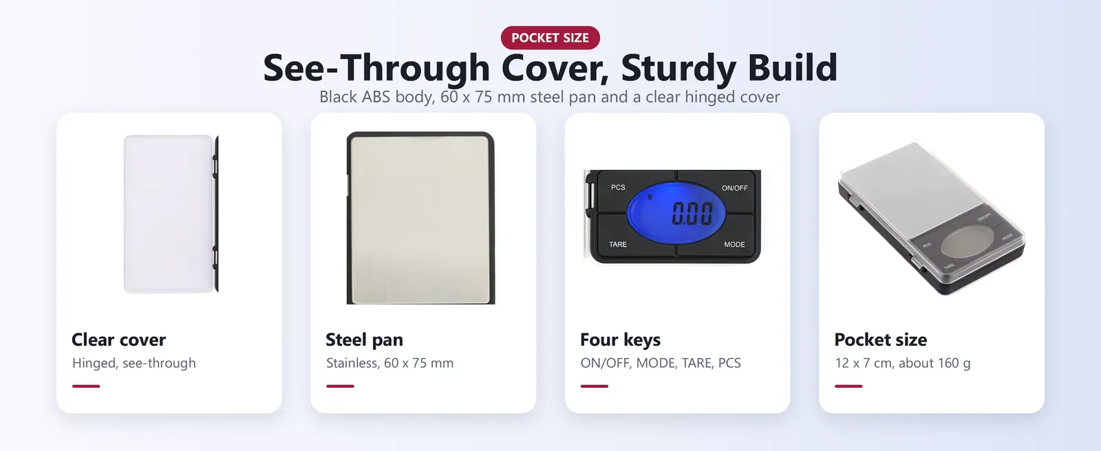 Pocket gold scale parts: clear hinged cover, steel pan, four keys and AAA batteries