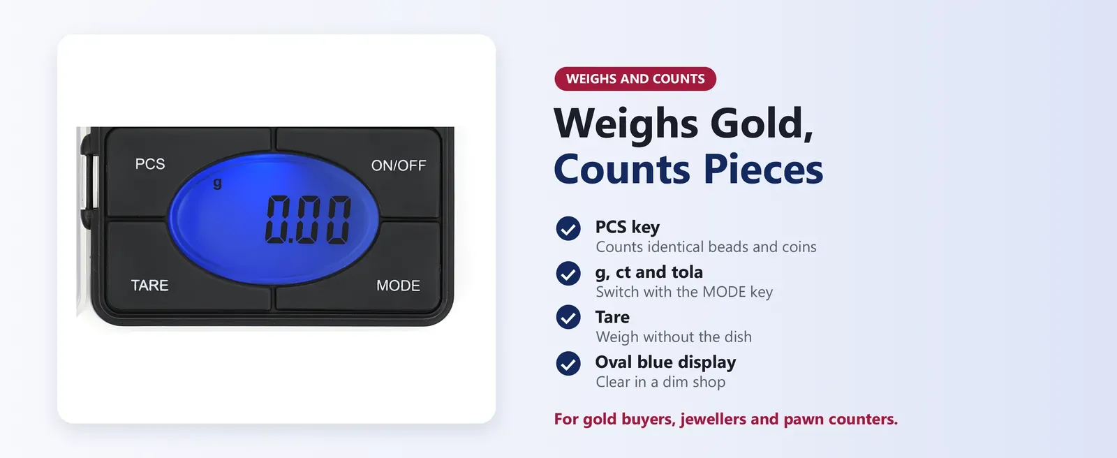 Pocket gold scale with PCS counting key and oval blue backlit display