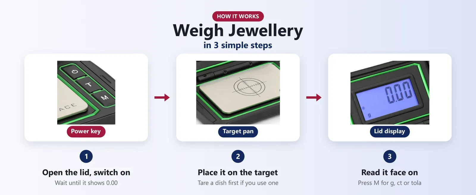 How to use a pocket jewellery scale: open the lid and switch on, tare, place jewellery on the target and read