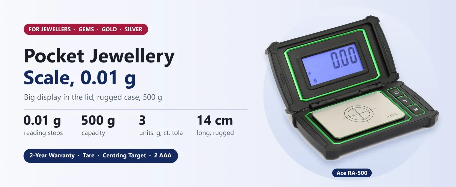 Ace RA-500 pocket jewellery scale, 500 g in 0.01 g steps, big display in the lid, rugged case