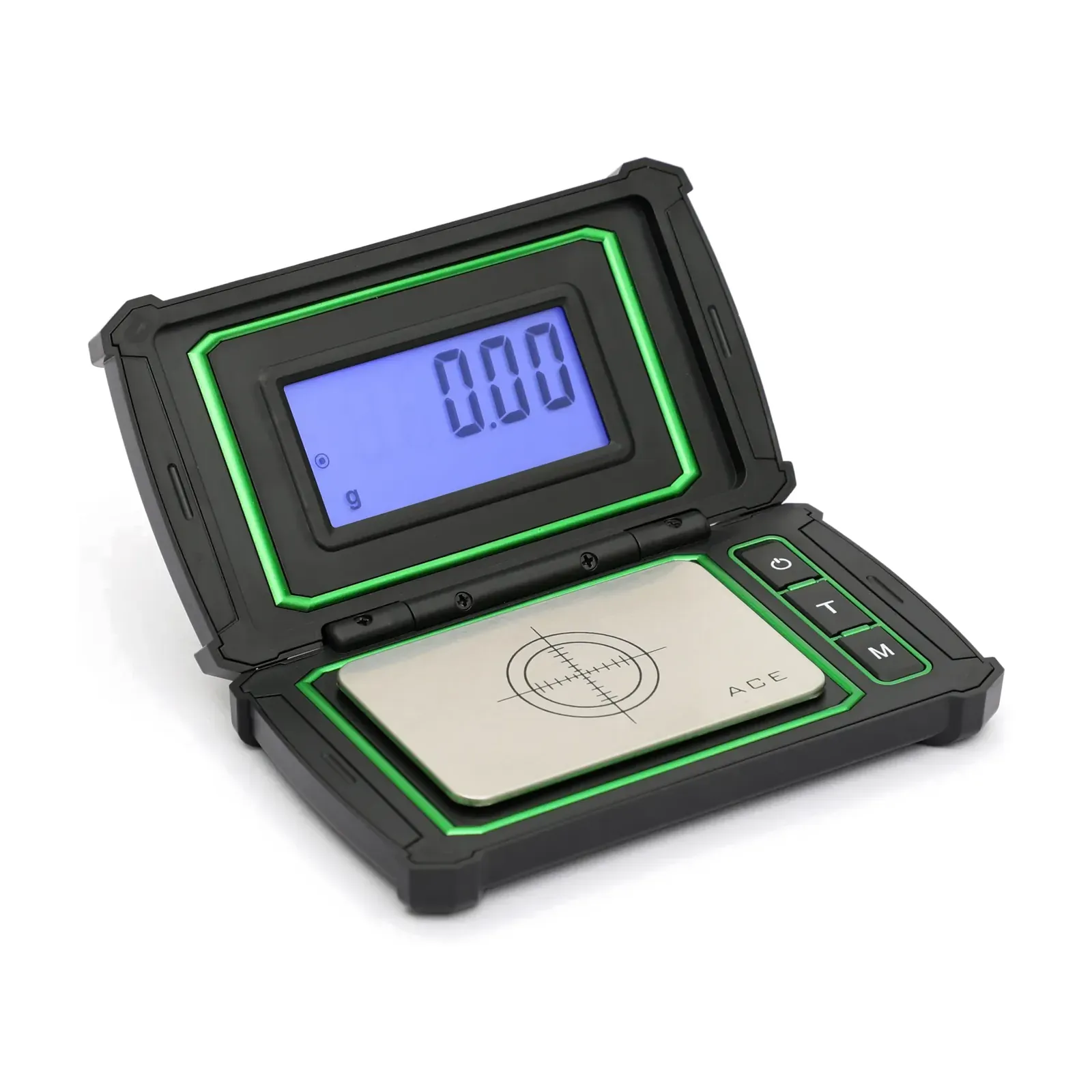 Ace RA-500 pocket jewellery scale, front view with big display in the lid