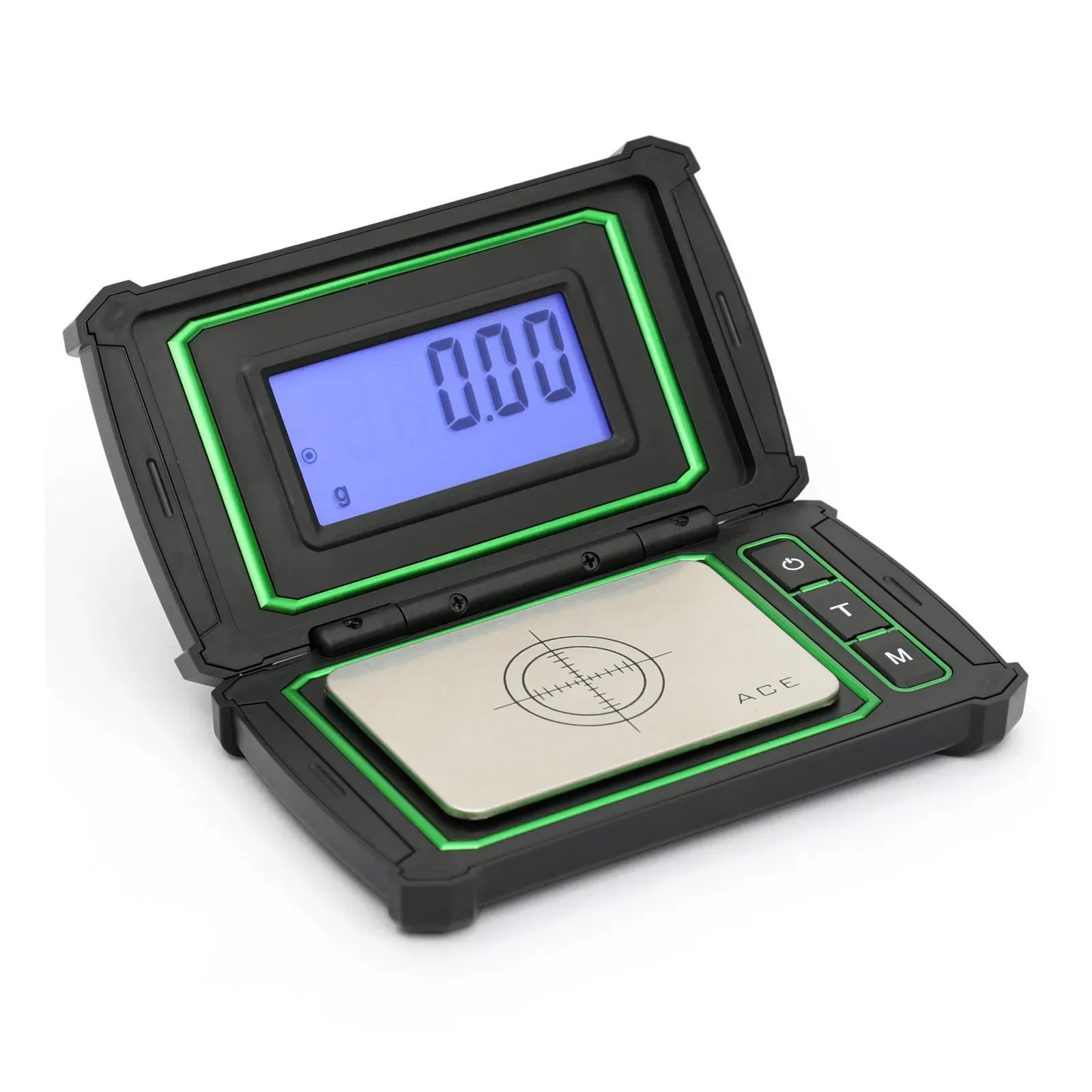 Ace RA-500 pocket jewellery scale, front view with big display in the lid