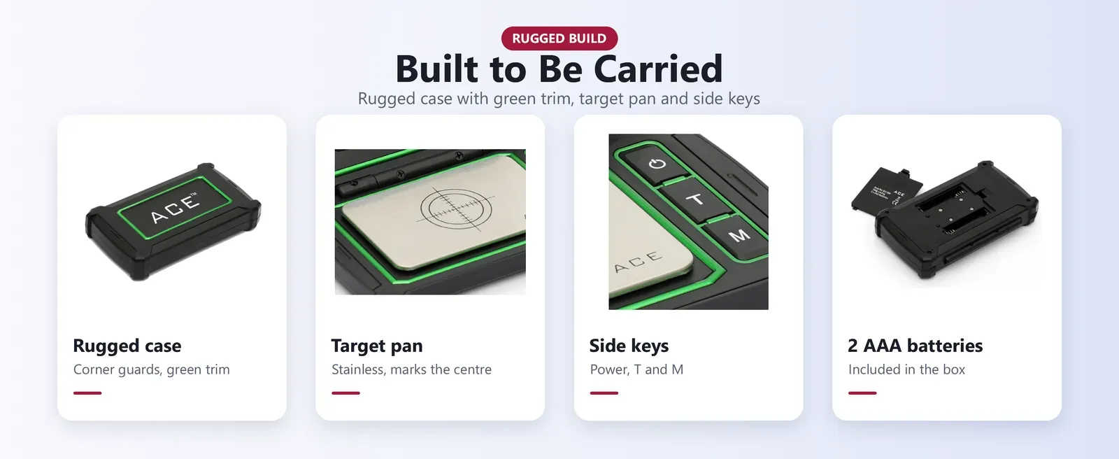 Pocket jewellery scale parts: rugged case with green trim, target pan, side keys and AAA batteries