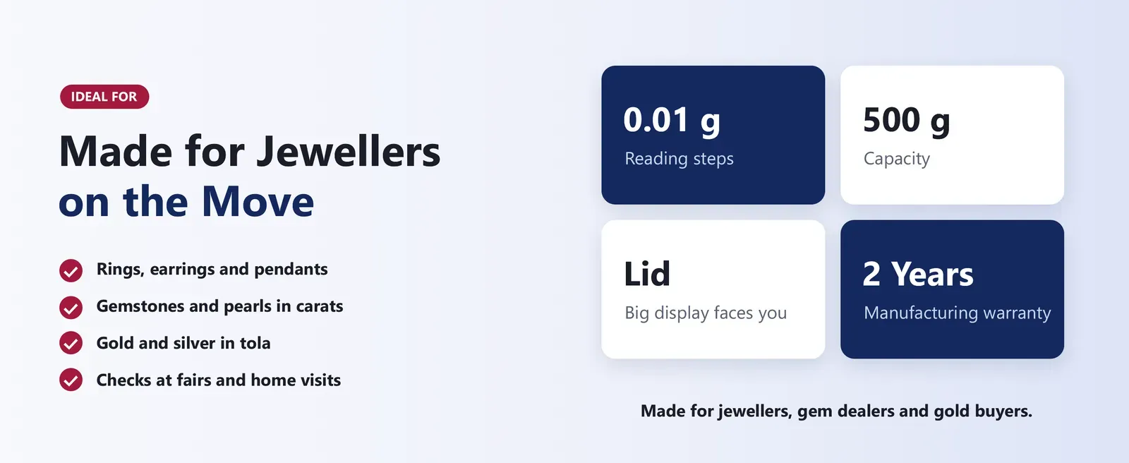 Pocket jewellery scale uses: rings and chains, gemstones in carats, gold and silver in tola