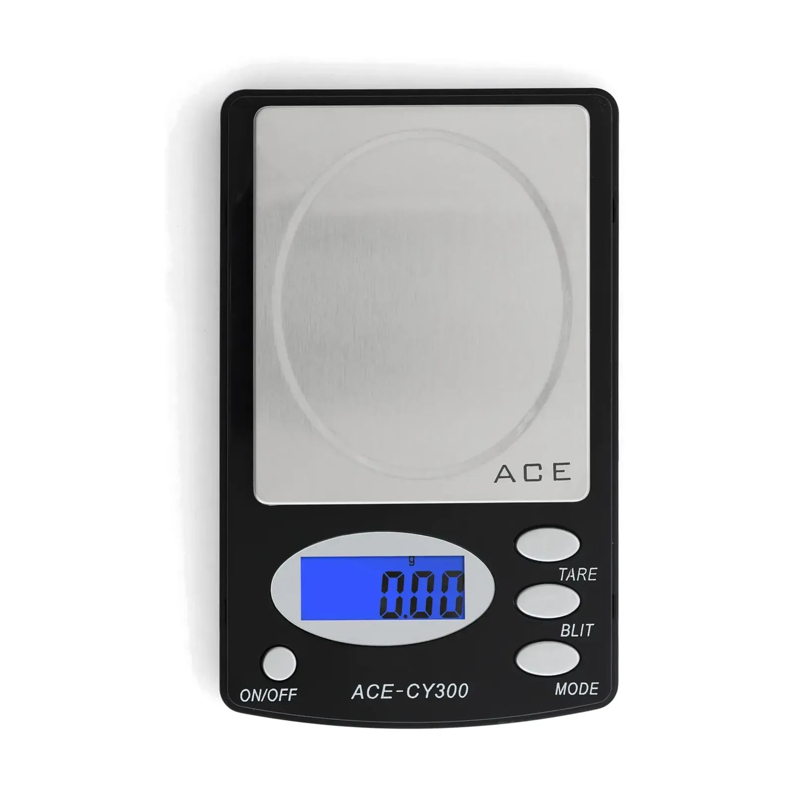 Ace CY-300 pocket scale 300g, top view with oval backlit display