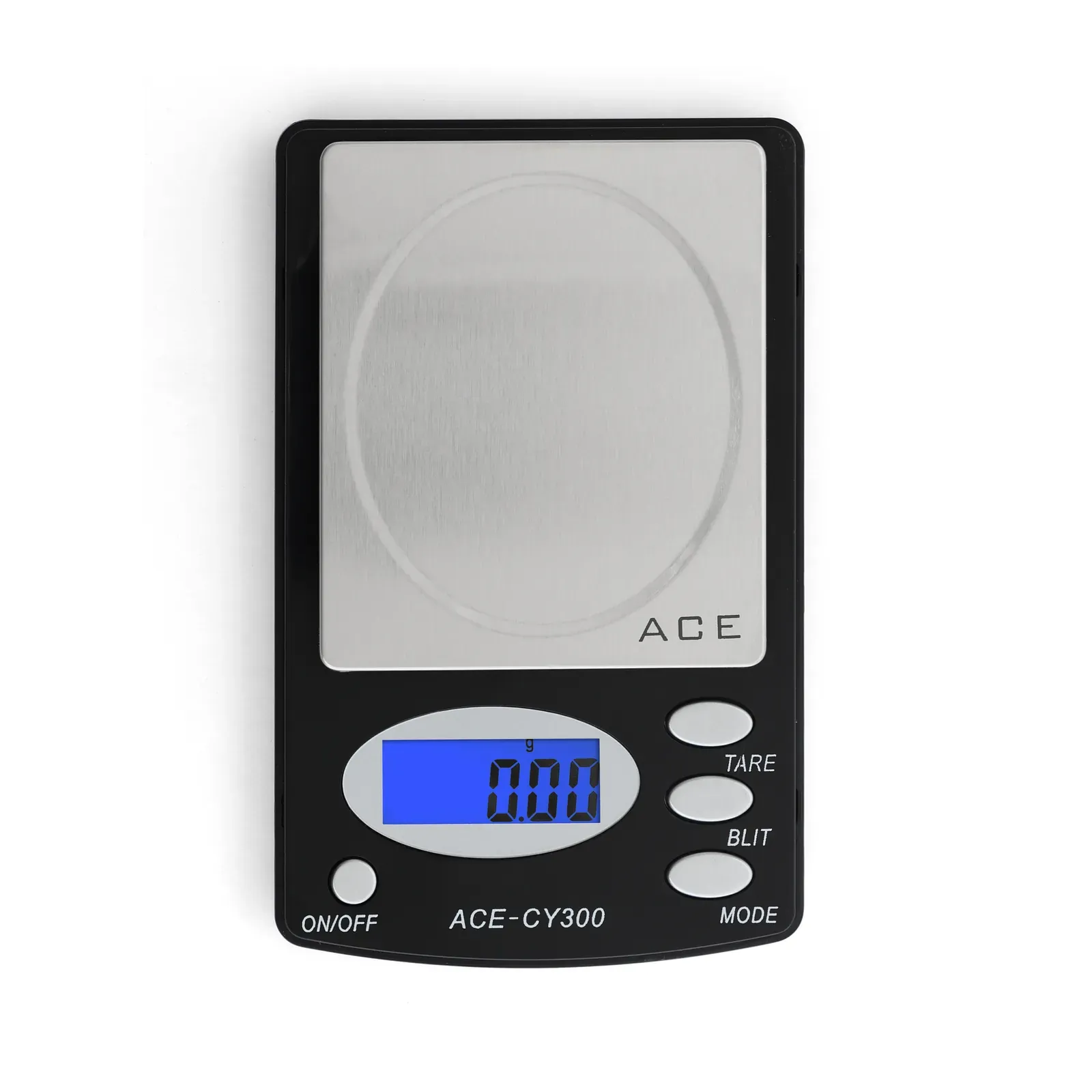 Ace CY-300 pocket scale 300g, top view with oval backlit display