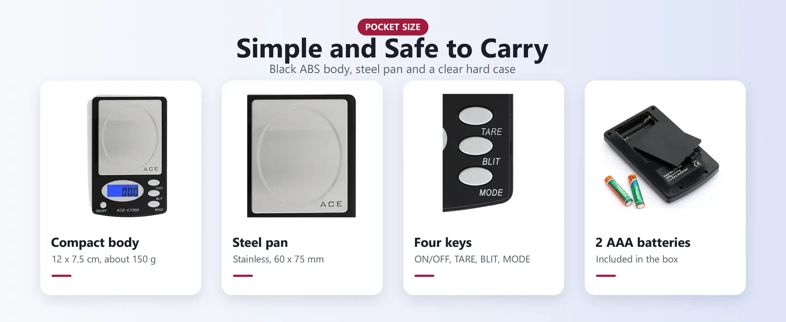 300g pocket scale parts: clear hard case, steel pan, four keys and AAA batteries