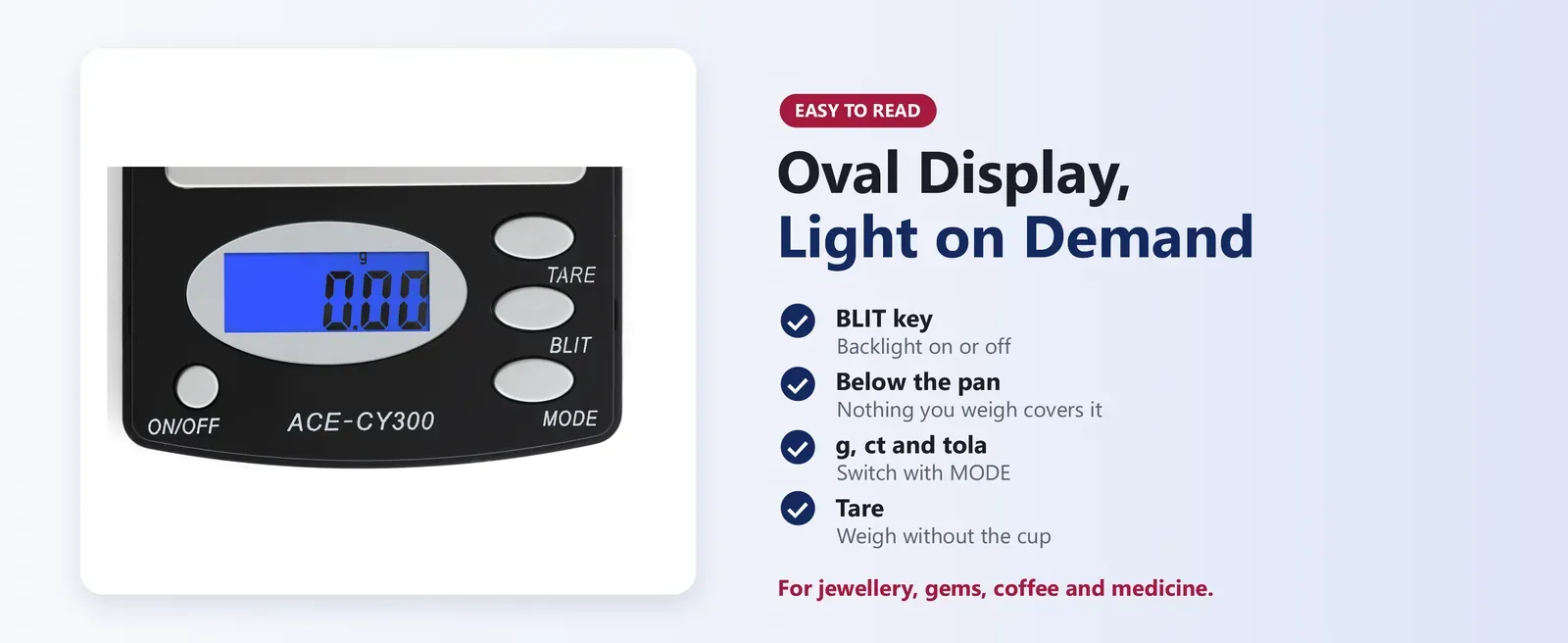 300g pocket scale oval backlit display with BLIT backlight key, TARE and MODE