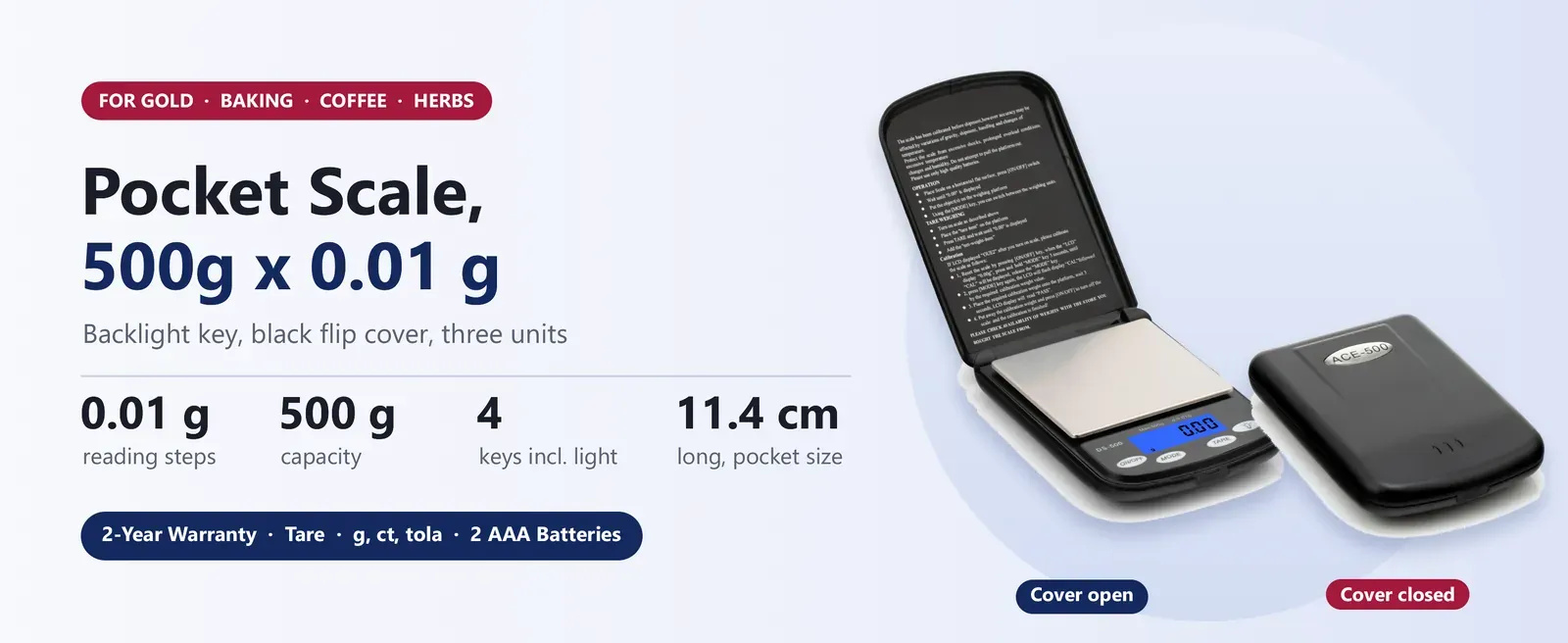 Ace DS-500 pocket scale 500g x 0.01 g with backlight key and black flip cover