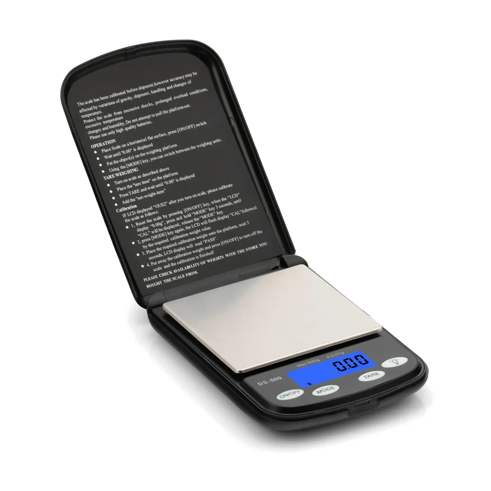 Ace DS-500 pocket scale 500g, open, front view with backlit display