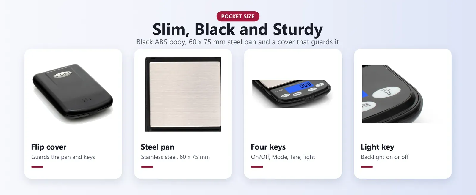 500g pocket scale parts: black flip cover, 60 x 75 mm steel pan, four keys and AAA batteries
