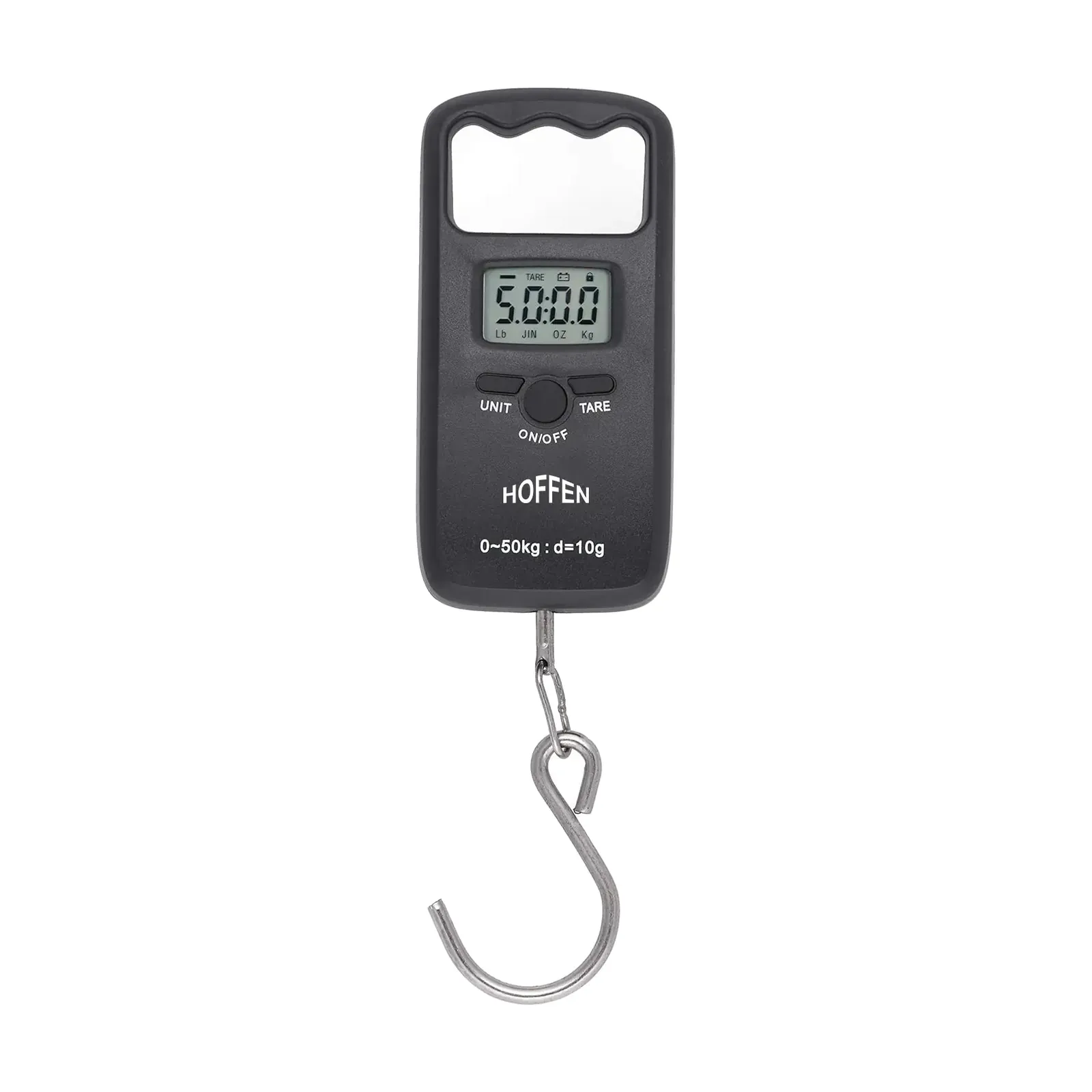 Hoffen HO-L-8 portable weighing scale with backlit screen, UNIT, ON/OFF and TARE buttons and chrome S-hook