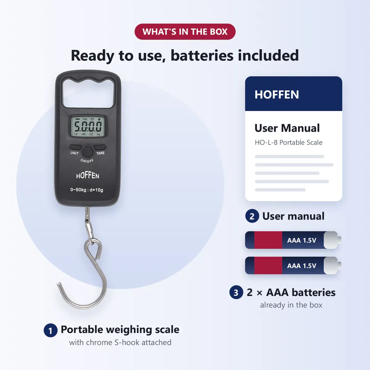 What's in the box: Hoffen HO-L-8 portable weighing scale with chrome S-hook, user manual and 2 AAA batteries