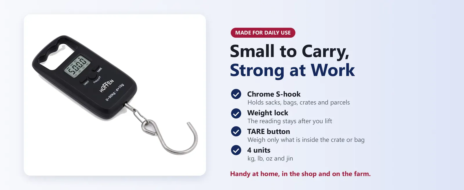 Hoffen portable scale with chrome S-hook, weight lock, TARE button and four units