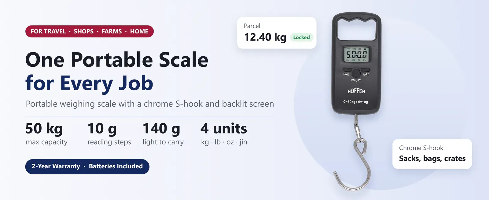 Hoffen HO-L-8 portable weighing scale: 50 kg capacity, 10 g steps, 140 g, four units