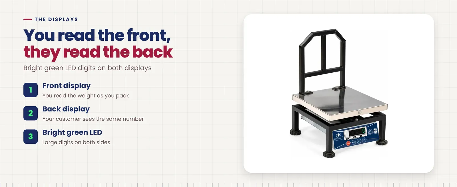 Omace Om-CK-SS poultry weighing scale front and back displays