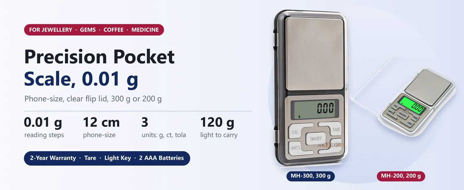 Ace MH precision pocket scale, 0.01 g, phone-size, 300 g and 200 g models with clear flip lid