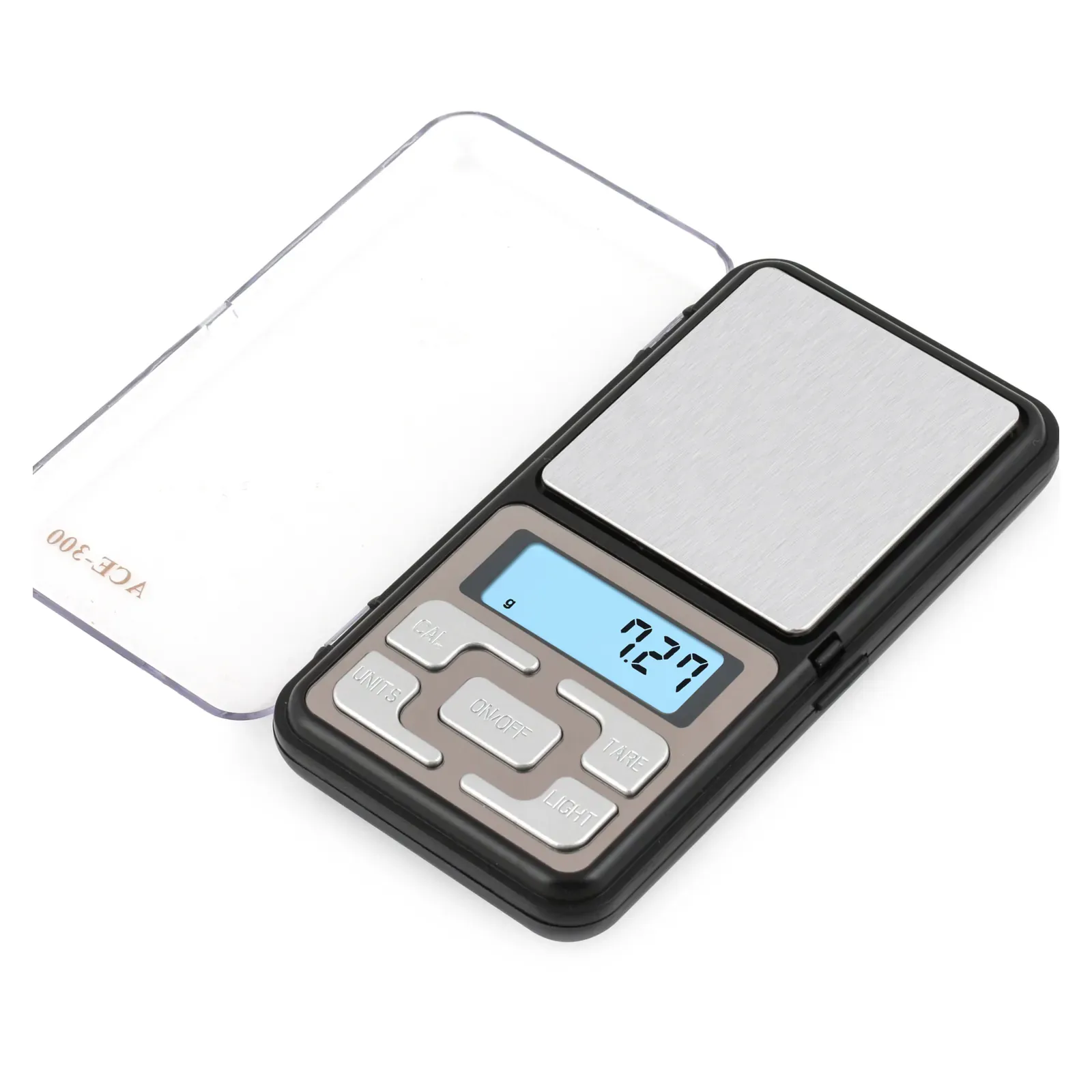 Ace MH-300 precision pocket scale 300 g, angled view with backlit display