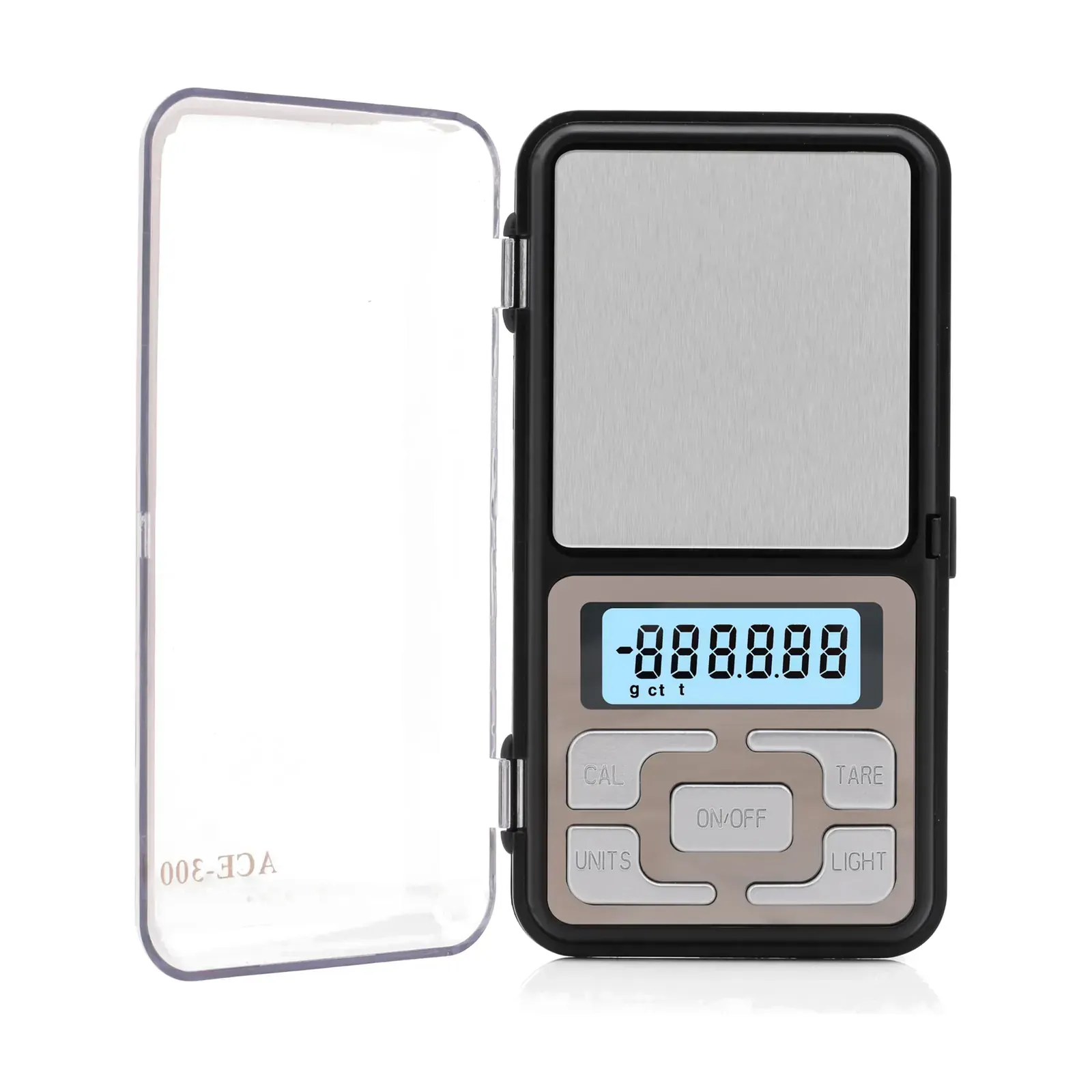 MH-300, front view with clear lid open Ace MH-300 precision pocket scale 300 g, front view with clear lid open