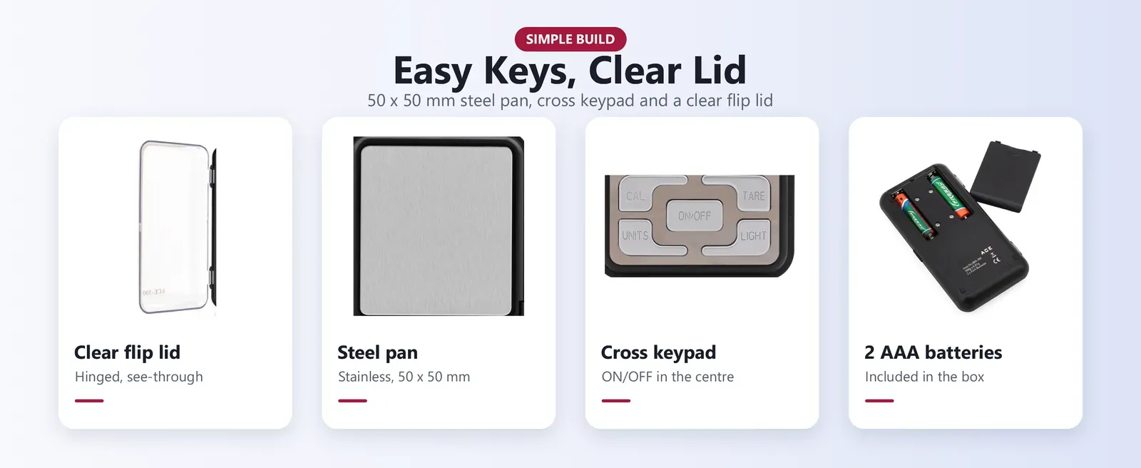 Precision pocket scale parts: clear flip lid, steel pan, cross keypad and AAA batteries
