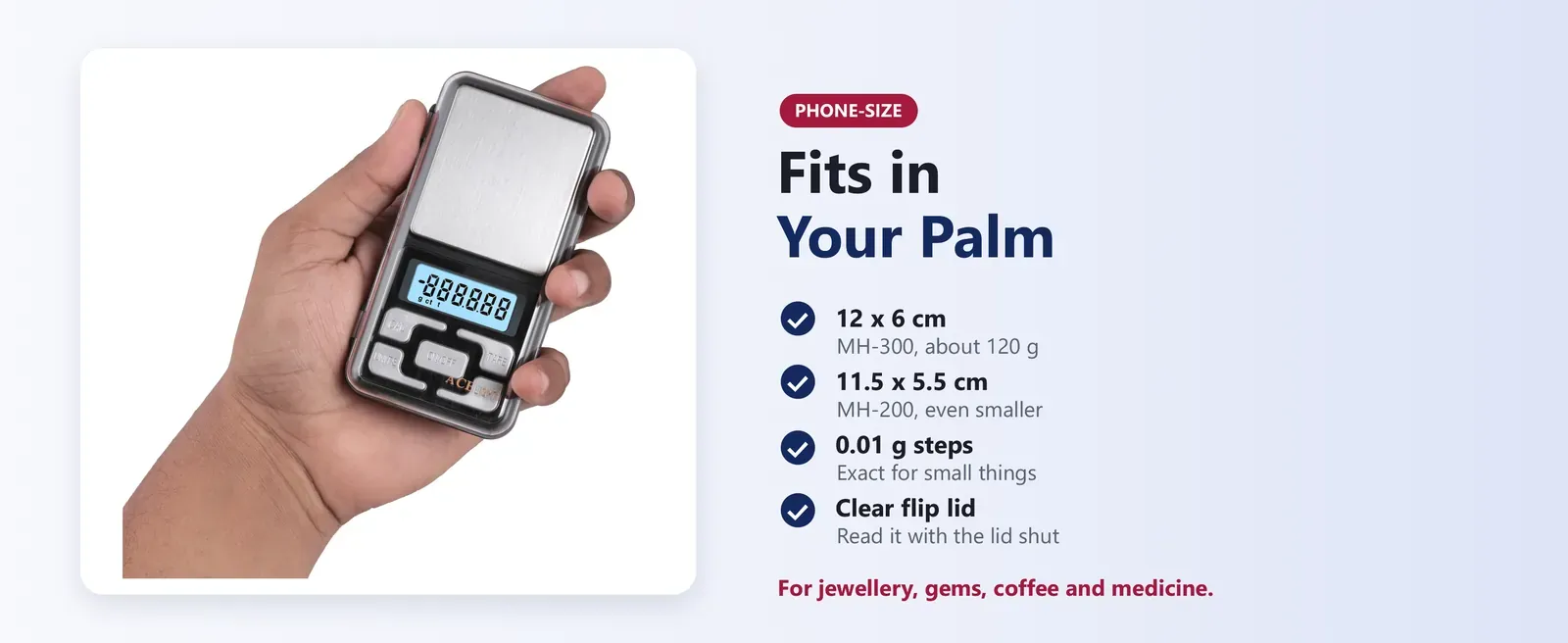 Precision pocket scale held in one hand to show its phone-size body