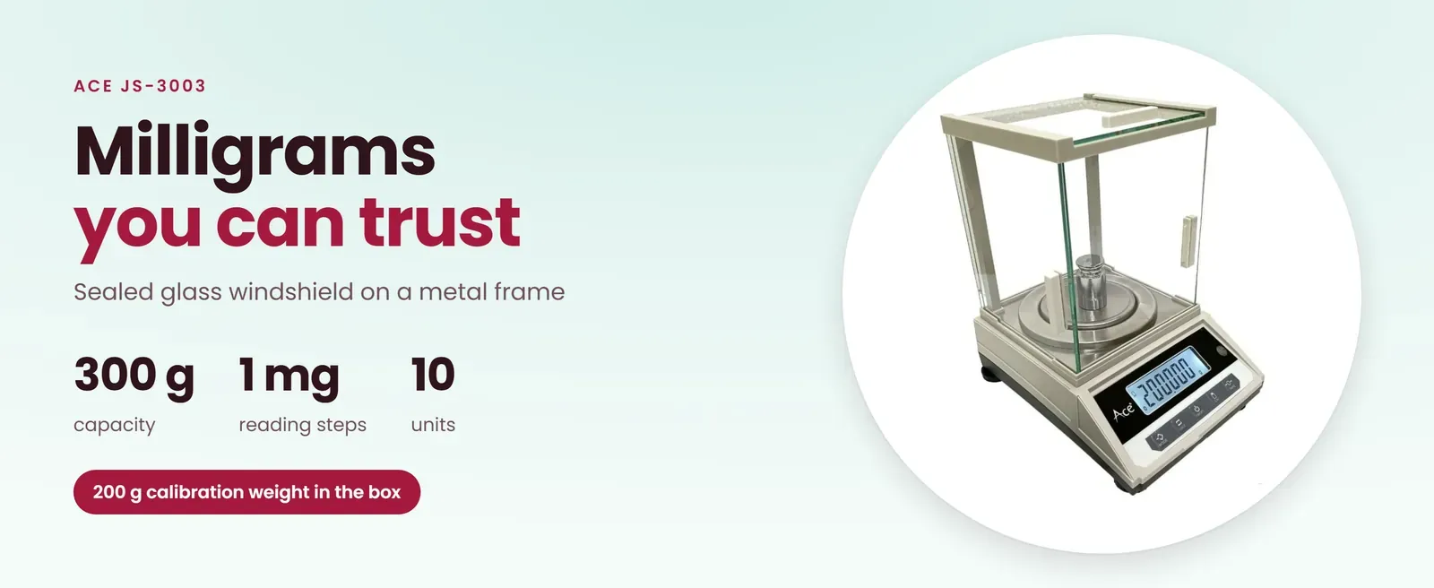 Ace JS-3003 precision weighing balance: 300 g in 1 mg steps, glass windshield, 200 g calibration weight