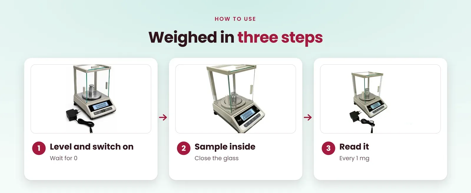 How to use the precision weighing balance: level and switch on, sample inside and close the glass, read it