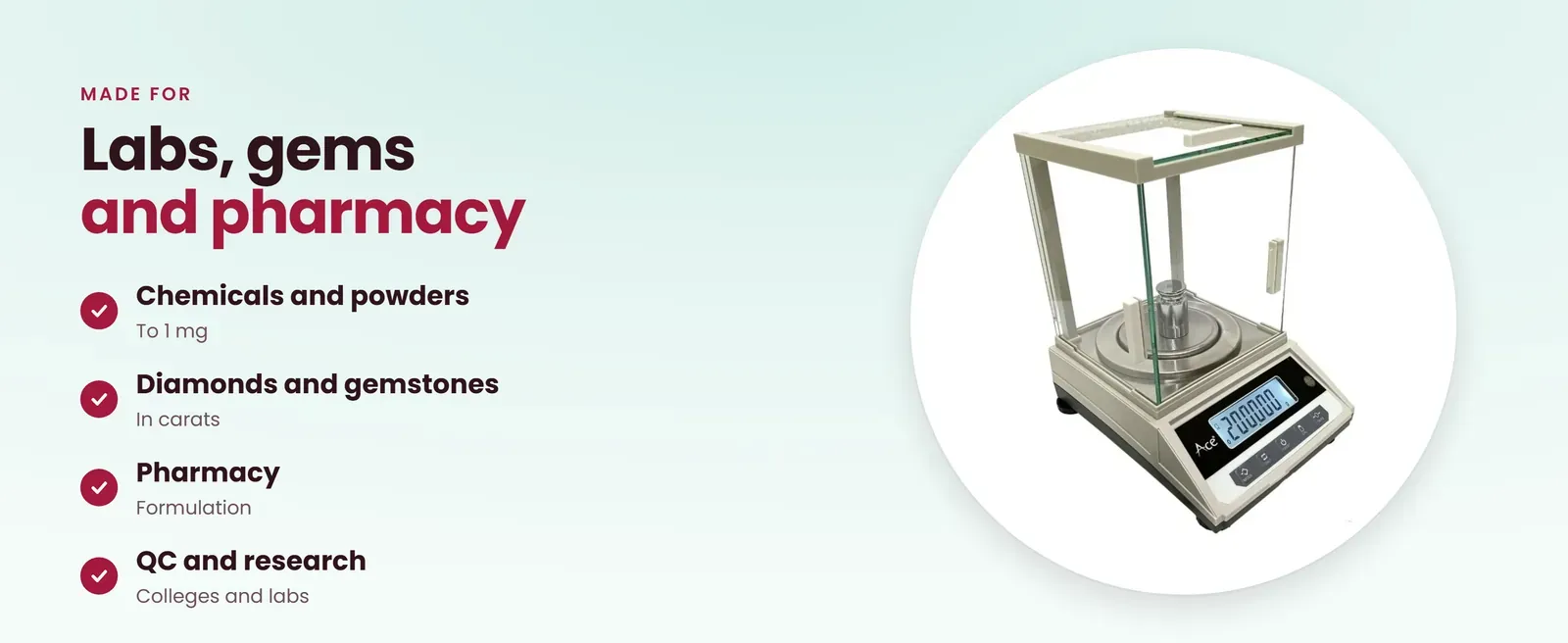 Precision weighing balance for chemicals, gemstones, pharmacy and research