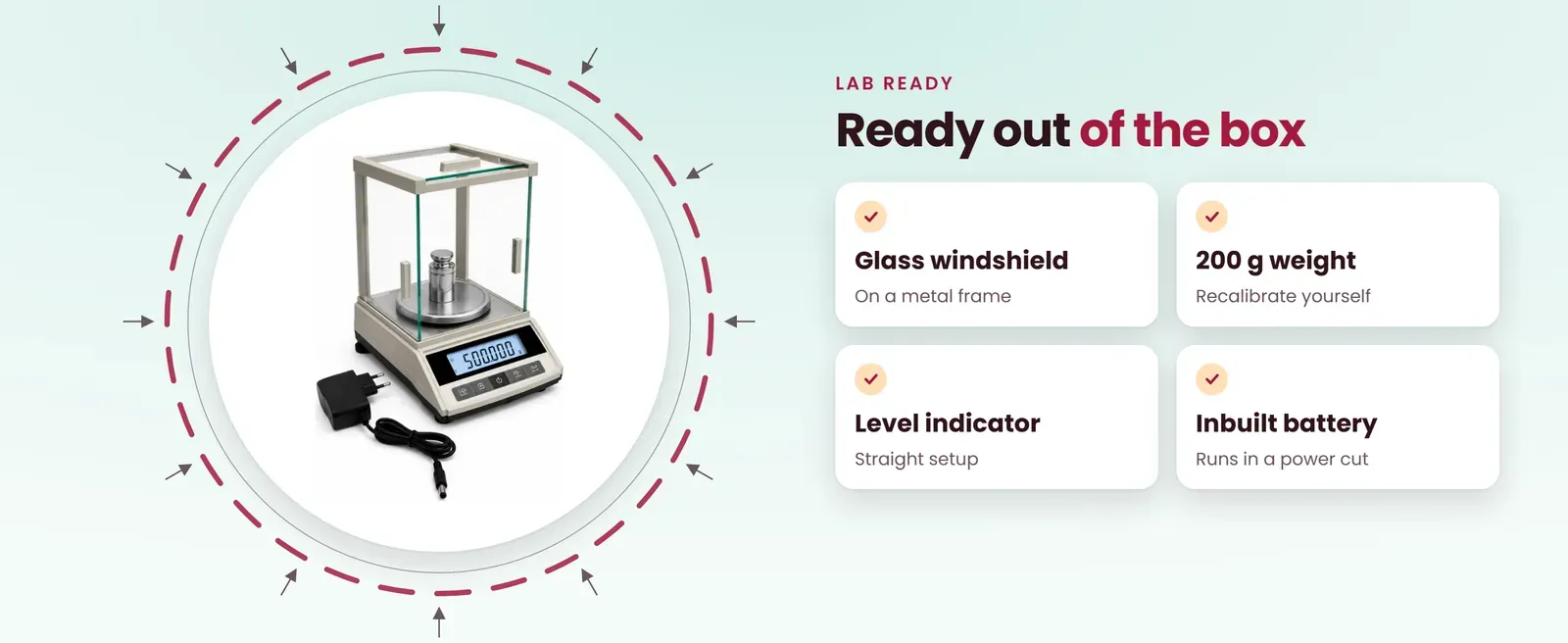 Precision weighing balance features: glass windshield, 200 g calibration weight, level indicator, inbuilt battery