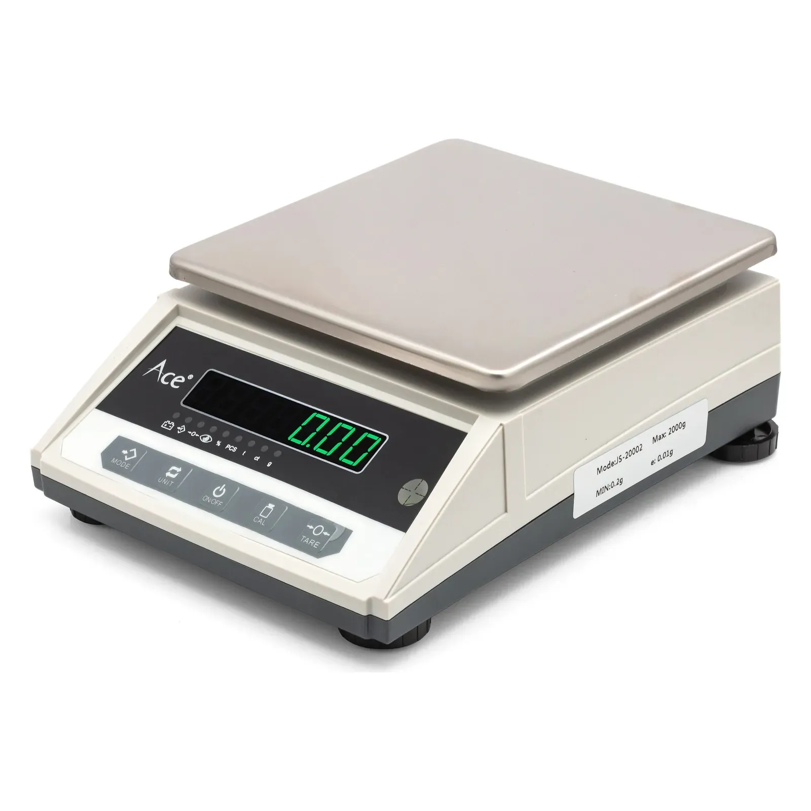 Ace JS-1000 precision weighing machine, angled view, green LED reading