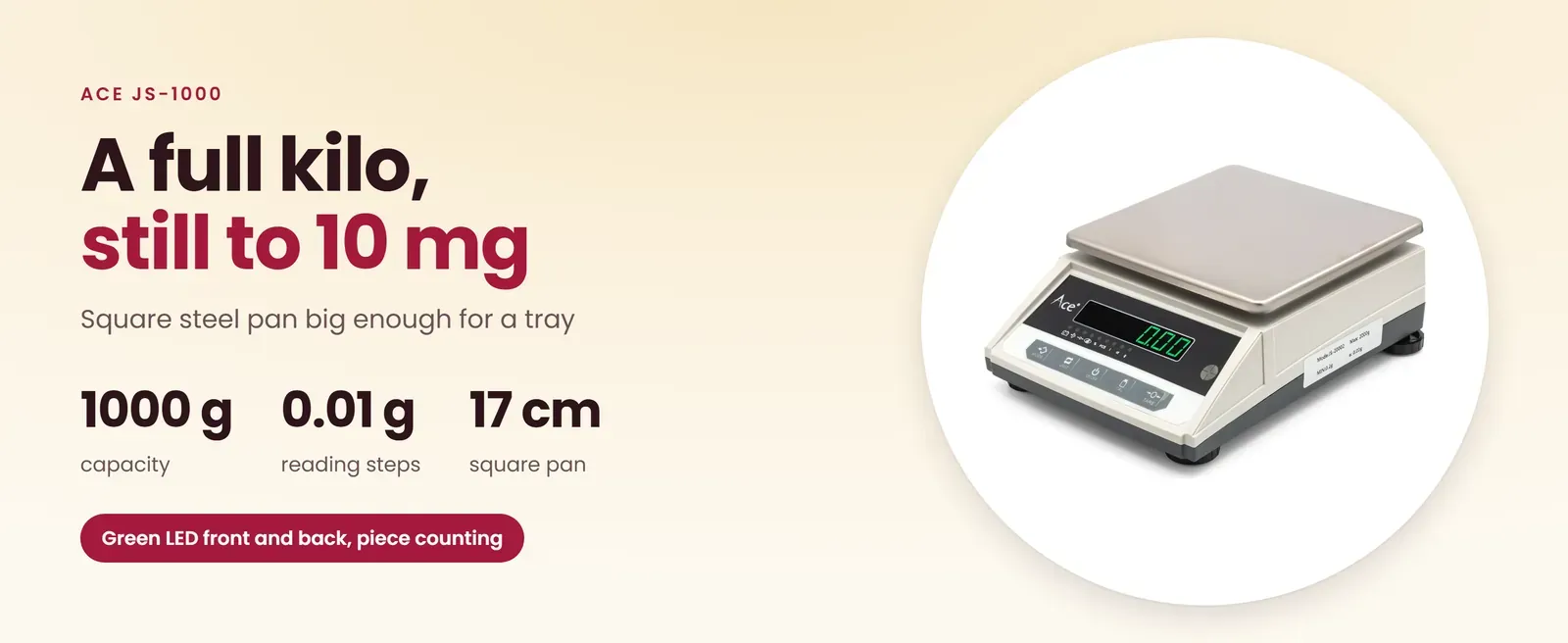 Ace JS-1000 precision weighing machine: 1000 g in 0.01 g steps on a 170 x 170 mm steel pan, green LED front and back