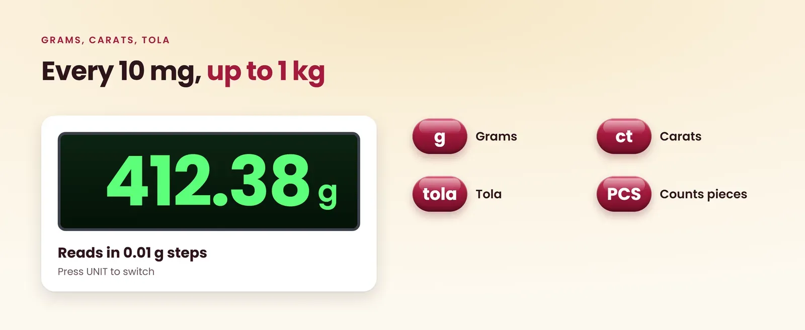 Precision weighing machine reads grams, carats and tola in 0.01 g steps up to 1 kg