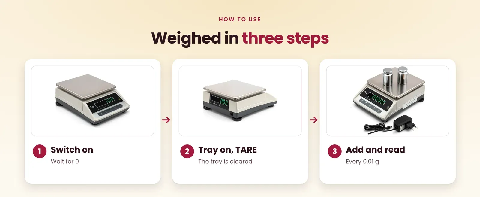 How to use the precision weighing machine: switch on, tare the tray, add and read