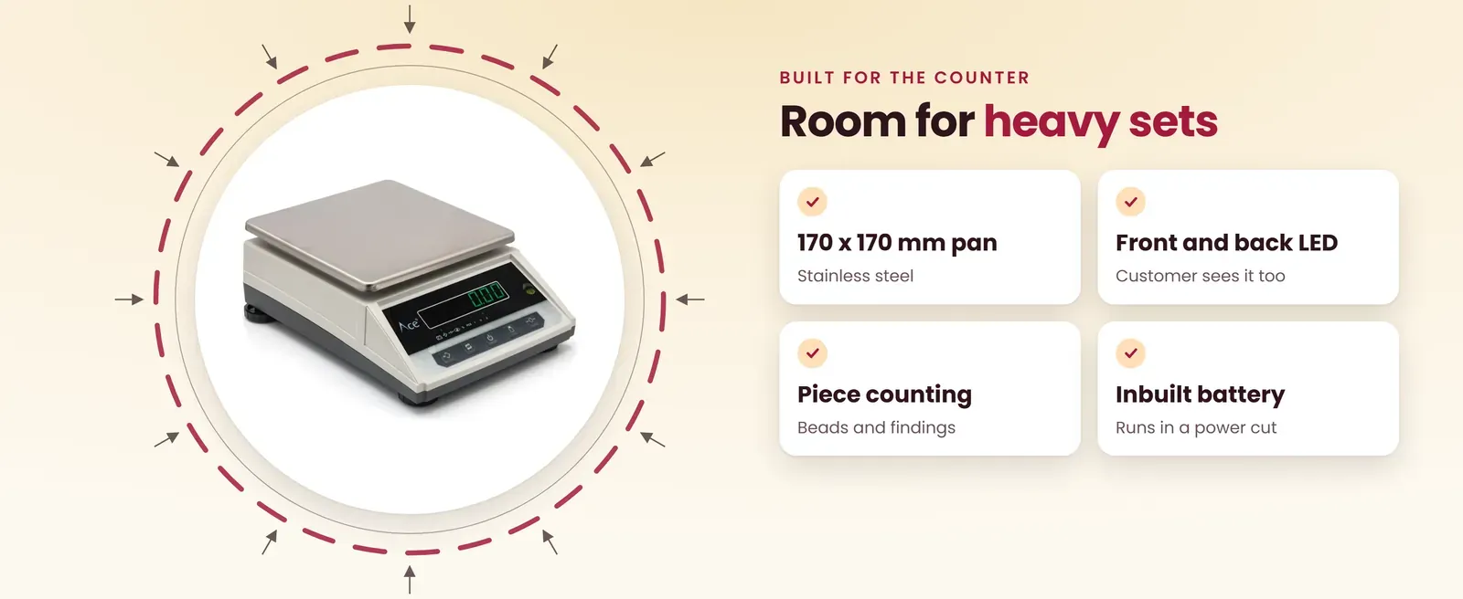 Precision weighing machine features: 170 x 170 mm steel pan, front and back LED, piece counting, inbuilt battery
