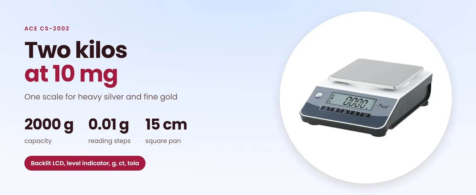 Ace CS-2002 precision weighing scale: 2000 g in 0.01 g steps, backlit LCD and level indicator