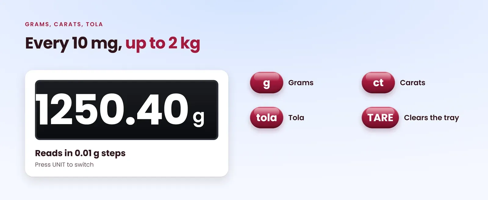 Precision weighing scale reads grams, carats and tola in 0.01 g steps up to 2 kg