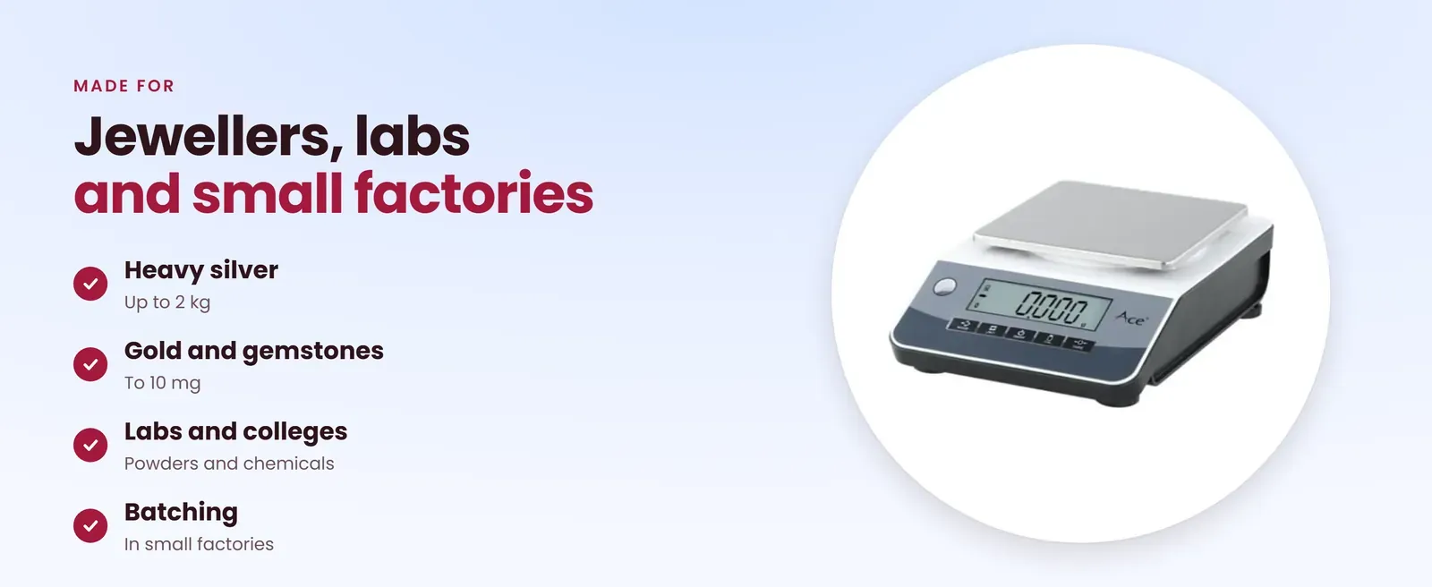 Precision weighing scale for heavy silver, gold and gemstones, labs and small factories