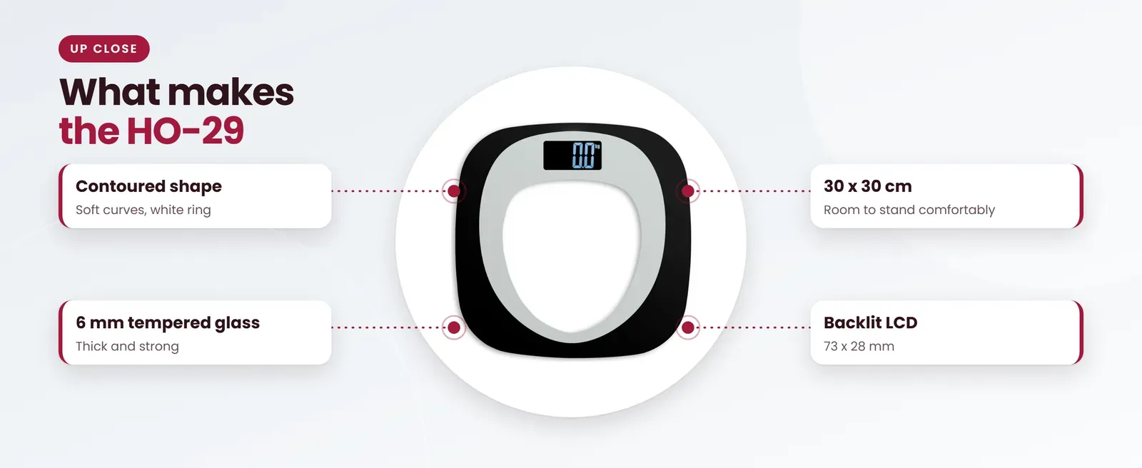 Hoffen HO-29 premium weighing scale: contoured shape, 6 mm tempered glass, 30 x 30 cm, backlit lcd