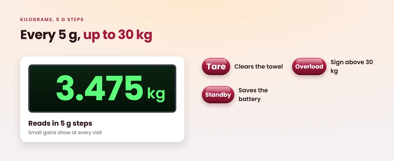 Rechargeable baby weighing scale reads in 5 g steps up to 30 kg, with tare, overload sign and standby