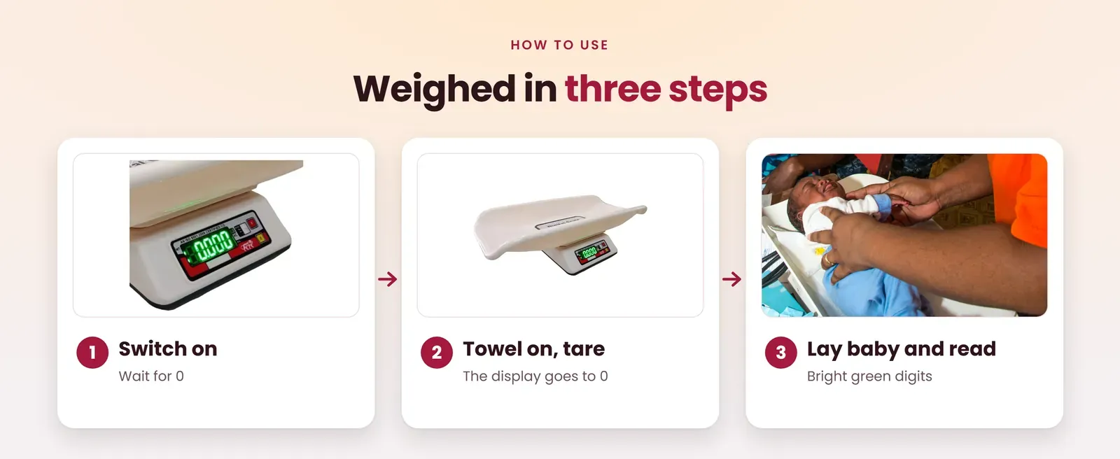 How to use the rechargeable baby weighing scale: switch on, tare the towel, lay the baby and read the green digits